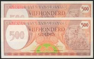 SURINAME. Set of 2 banknotes of 500 Gulden, ... 