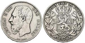 BELGICA. 5 Francs (Ar. 24,67g/37mm).1870. ... 