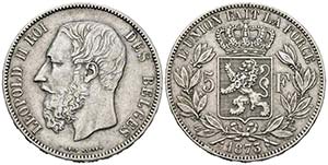 BELGICA. 5 Francs (Ar. 24,91g/37mm).1873. ... 