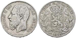 BELGICA. 5 Francs. (Ar. 24,75g/37mm).1874. ... 