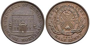 CANADA. 1/2 Penny (Ae. 9.66g/28.2mm).1844. ... 