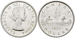 CANADA. 1 Dollar. (Ar. 23,35g/36mm). 1954. ... 