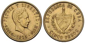 CUBA. 5 Pesos (Au. 8,37g/21mm). 1915. ... 