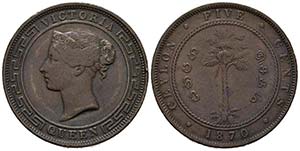 SRI-LANKA. 5 Cents. (Cu. 18,62g/33mm). 1870. ... 