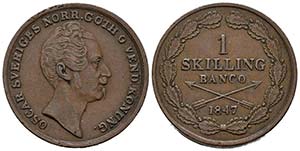 SUECIA. 1 Skilling. (Cu. 11,11g/27mm). 1847. ... 