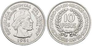 URUGUAY. 10 Pesos. (Ar. 12,60g/33mm). 1961. ... 