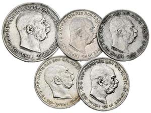 AUSTRIA. Conjunto de 5 monedas de plata de 1 ... 