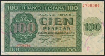 100 Pesetas. November 21, 1936. Series J. ... 