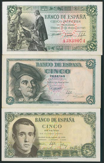 Set of 3 banknotes of 5 Pesetas issued on ... 