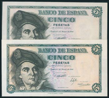 Set of 2 banknotes of 5 Pesetas issued on ... 