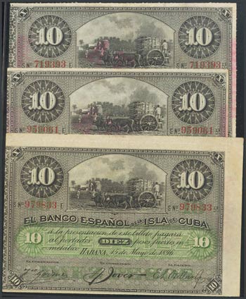 CUBA. Set of 3 bills of 10 Pesos issued on ... 