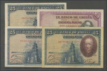Set of 4 banknotes of the Bank of Spain, 3 ... 