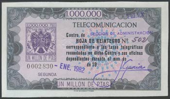 TASAS TELEGRAFICAS. 1982. Hoja-Billete de ... 