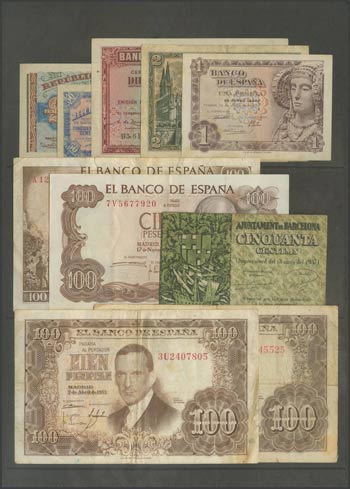 Set of 10 banknotes from the Bank of Spain, ... 