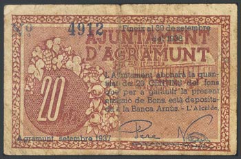 AGRAMUNT (LERIDA). 20 cents. September 1937. ... 