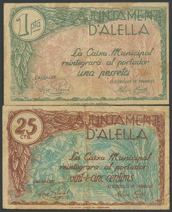 ALELLA (BARCELONA). 25 Céntimos y 1 Peseta. ... 