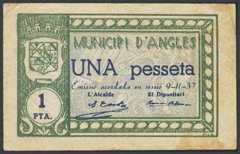 ANGLES (GERONA). 1 peseta. November 9, 1937. ... 