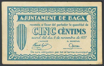 BAGA (BARCELONA). 5 Cents. November 6, 1937. ... 
