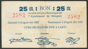 BALAGUER (LERIDA). 25 cents. August 5, 1937. ... 