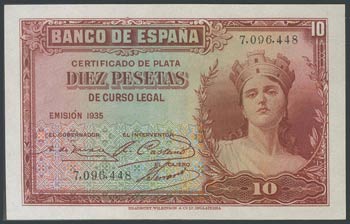 10 pesetas. January 1, 1935. No Series. ... 