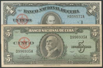 CUBA. Set of 2 banknotes of 1 Peso and 5 ... 