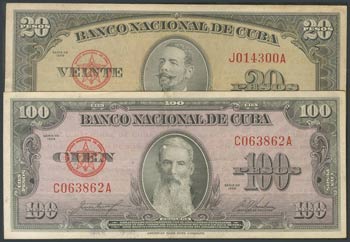 CUBA. Set of 2 banknotes of 20 Pesos and 100 ... 