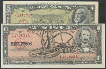CUBA. Set of 2 banknotes of 5 Pesos and 10 ... 