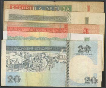 CUBA. Set of 5 banknotes of 1 Peso (2), 3 ... 