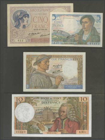 FRANCE. Set of 9 banknotes from France, ... 
