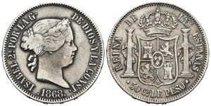 ISABEL II (1833-1868). 50 Centavos. (Ar. ... 