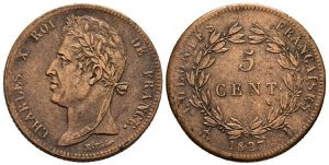 FRANCIA. 5 Centimes (Ae. 9,78g/27mm). 1827. ... 