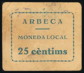 ARBECA (LERIDA). 25 Céntimos. (1938ca). ... 