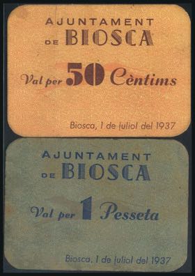 BIOSCA (LERIDA). 50 Cents and 1 Peseta. July ... 
