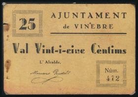 VINEBRE (TARRAGONA). 25 cents. (1937ca). ... 