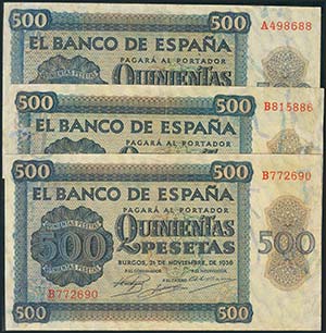 Conjunto de 3 billetes de 500 Pesetas ... 