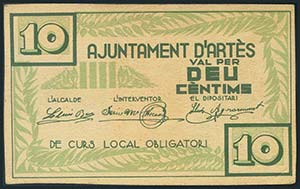 ARTES (BARCELONA). 10 Céntimos. (1937ca). ... 