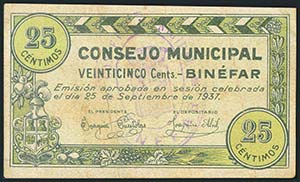 BINEFAR (HUESCA). 25 Céntimos, 50 ... 
