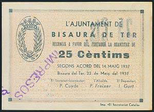 BISAURA DE TER (BARCELONA). 25 Céntimos. 22 ... 