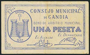 GANDIA (VALENCIA). 1 Peseta. 1937. ... 