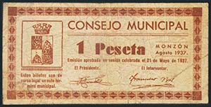 MONZON (HUESCA). 1 Peseta. Agosto de 1937. ... 