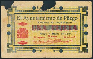 PLIEGO (MURCIA). 1 Peseta. Marzo de 1937. ... 