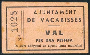 VACARISSES (BARCELONA). 1 Peseta. (1937ca). ... 