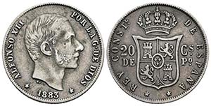 ALFONSO XII. 20 Centavos de Peso. 1883. ... 