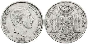 ALFONSO XII. 50 Centavos de Peso. 1881. ... 