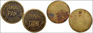 Set of 2 brass tokens of bread and meat from ... 
