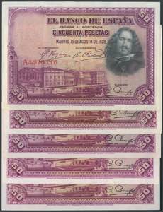 Set of 5 50 Pesetas banknotes issued on ... 