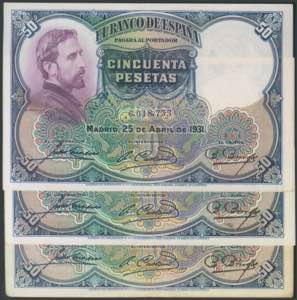 Set of 3 50 Pesetas banknotes issued on ... 