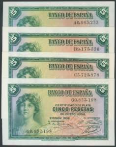 Set of 4 banknotes of 5 Pesetas issued in ... 