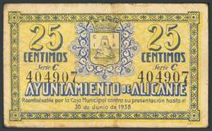 ALICANTE. 25 cents. June 30, 1938. Series C. ... 