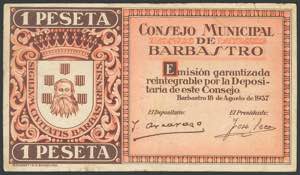 BARBASTRO (HUESCA). 1 peseta. August 18, ... 